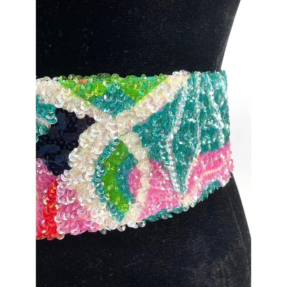Vintage La Mendola Agosto Mod Art Hand Beaded Multicolor Pure Silk Chiffon Belt